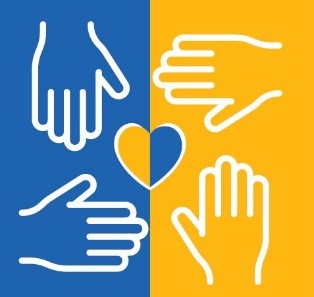 Grafik in Blau und Gelb mit Herz und Händen
